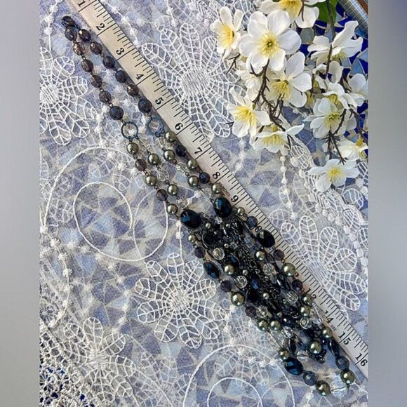 Multi-Layered Black Gunmetal & Silver Multi-strand Beaded Waterfall Necklace - Picture 10 of 12